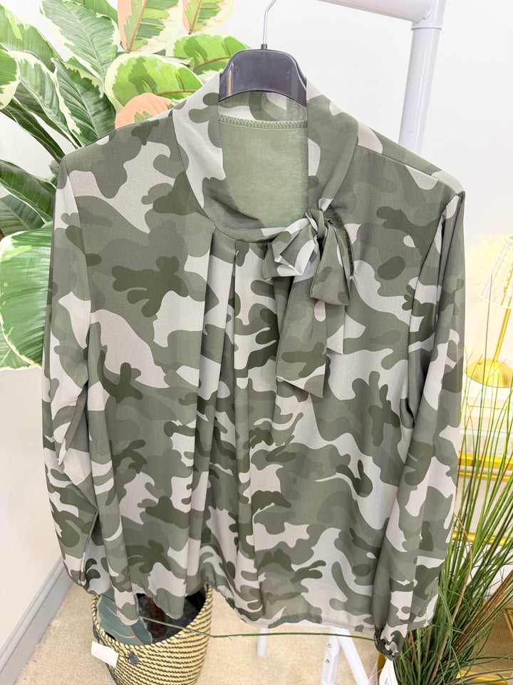 Womens sheer chiffon camouflage high neck blouse top