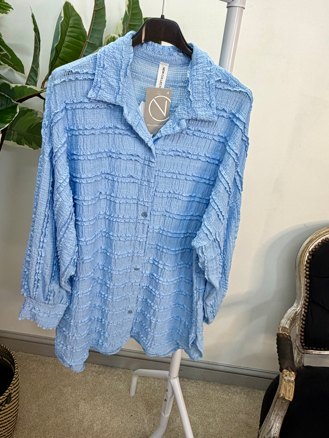 LADIES FRILL SHIRT BLOUSE - WHITE, BEIGE, PINK, LEMON, BLUE & BLACK