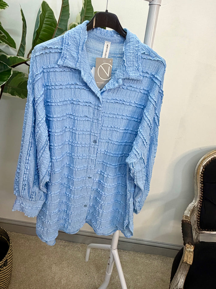 LADIES FRILL SHIRT BLOUSE - WHITE, BEIGE, PINK, LEMON, BLUE & BLACK