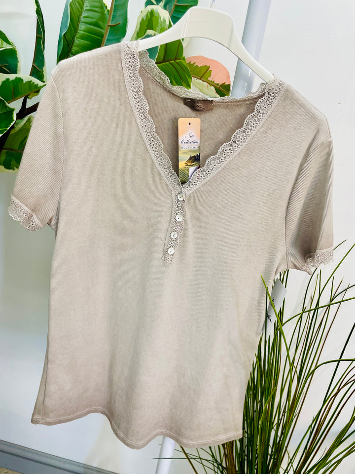 LADIES LACE EDGE STRETCH RIBBED T SHIRT WHITE, LEMON, PINK, BLUE & TAUPE