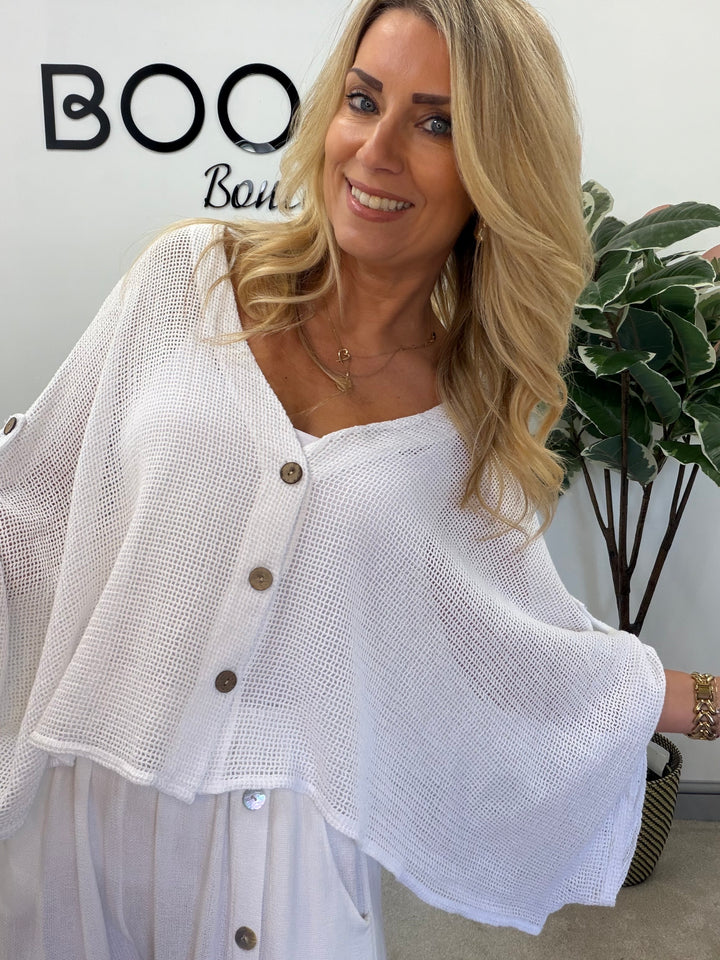 Ladies Fashion Tea Bag Linen Mesh Top Cardigan - Blue, Black, White, Lime & Pink