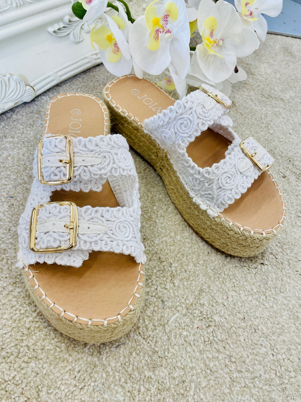 LADIES WOMENS WHITE CROCHET FLATFORM SUMMER SLIDER SANDALS