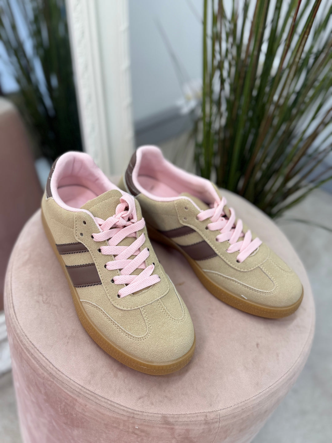 Ladies Fashion Beige Faux Suede Inspired Stripe Trainers