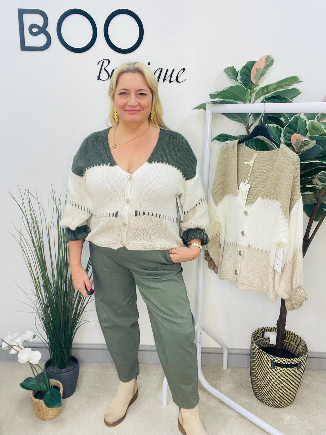 LADIES COLOUR BLOCK CARDIGAN - BEIGE & KHAKI