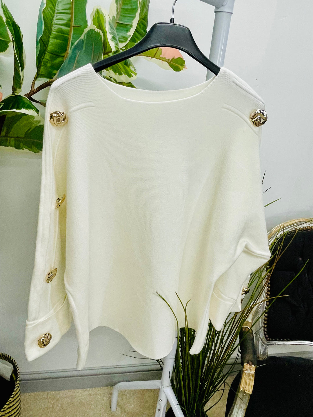 LADIES THICK KNIT GOLD BUTTON JUMPER - WHITE, BEIGE, BROWN & BLACK