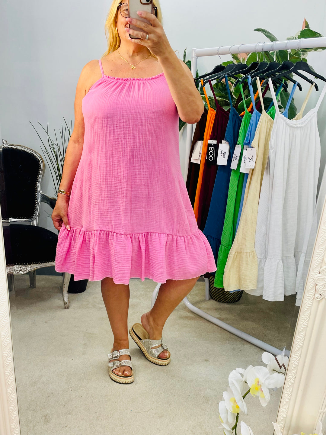 LADIES CHEESECLOTH SUMMER CAMI DAY DRESS - CANDY PINK