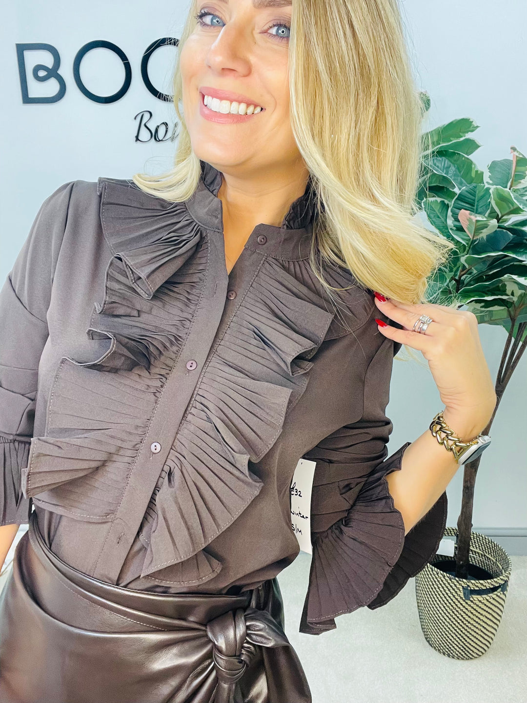 LADIES FRILL FRONT BLOUSE SHIRT - BLACK & BROWN