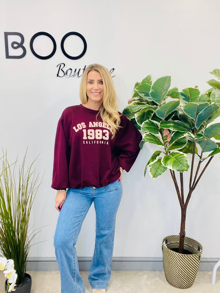 LADIES BUBBLE HEM NEW YORK SWEATSHIRT TOP - BERRY, BLACK, TAUPE, CREAM & BROWN