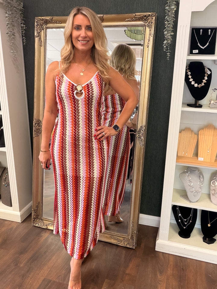 Ladies Fashion Crochet Summer Maxi Dress - Red, Yellow, Orange & Green