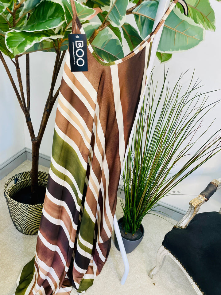 LADIES STRIPE SUMMER SATIN MAXI DRESS - BLUE, BROWN & KHAKI