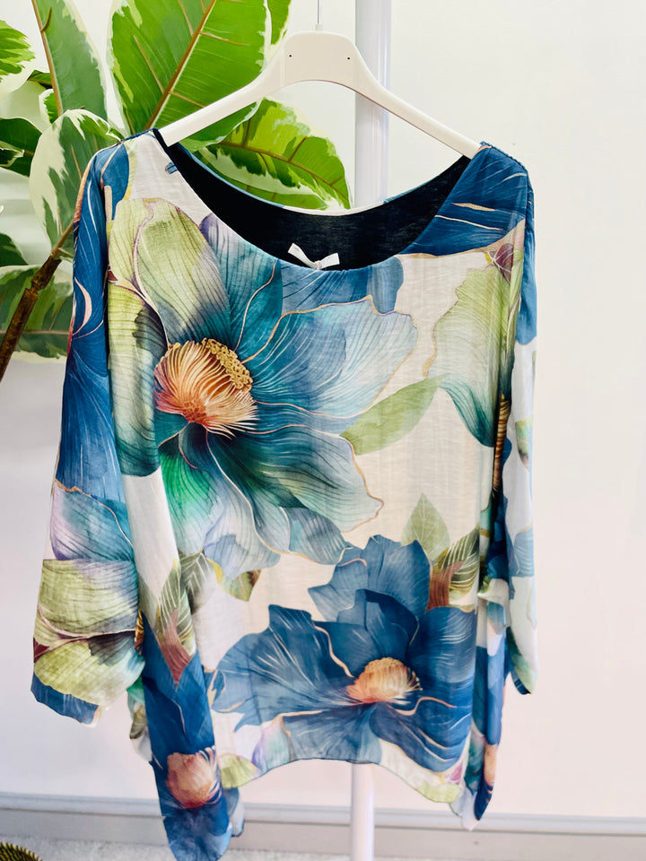 LADIES WOMENS NAVY BLUE FLOATY FEMININE FLORAL PRINT LOOSE FIT TOP BLOUSE