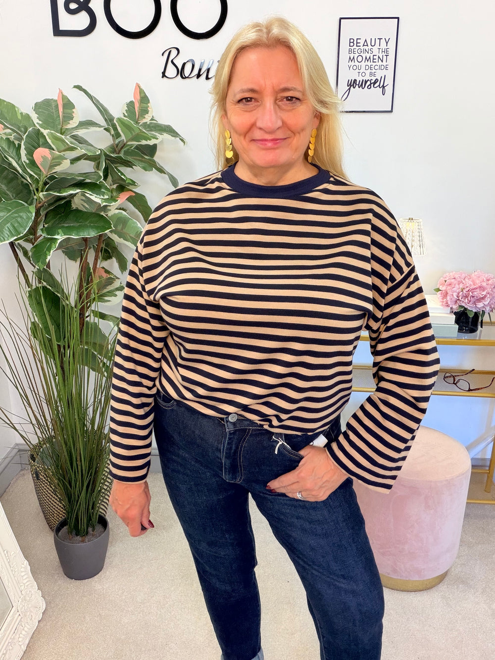 Women’s Stripe Long Sleeve Slouch Top - Wine, Navy, Pink, Brown