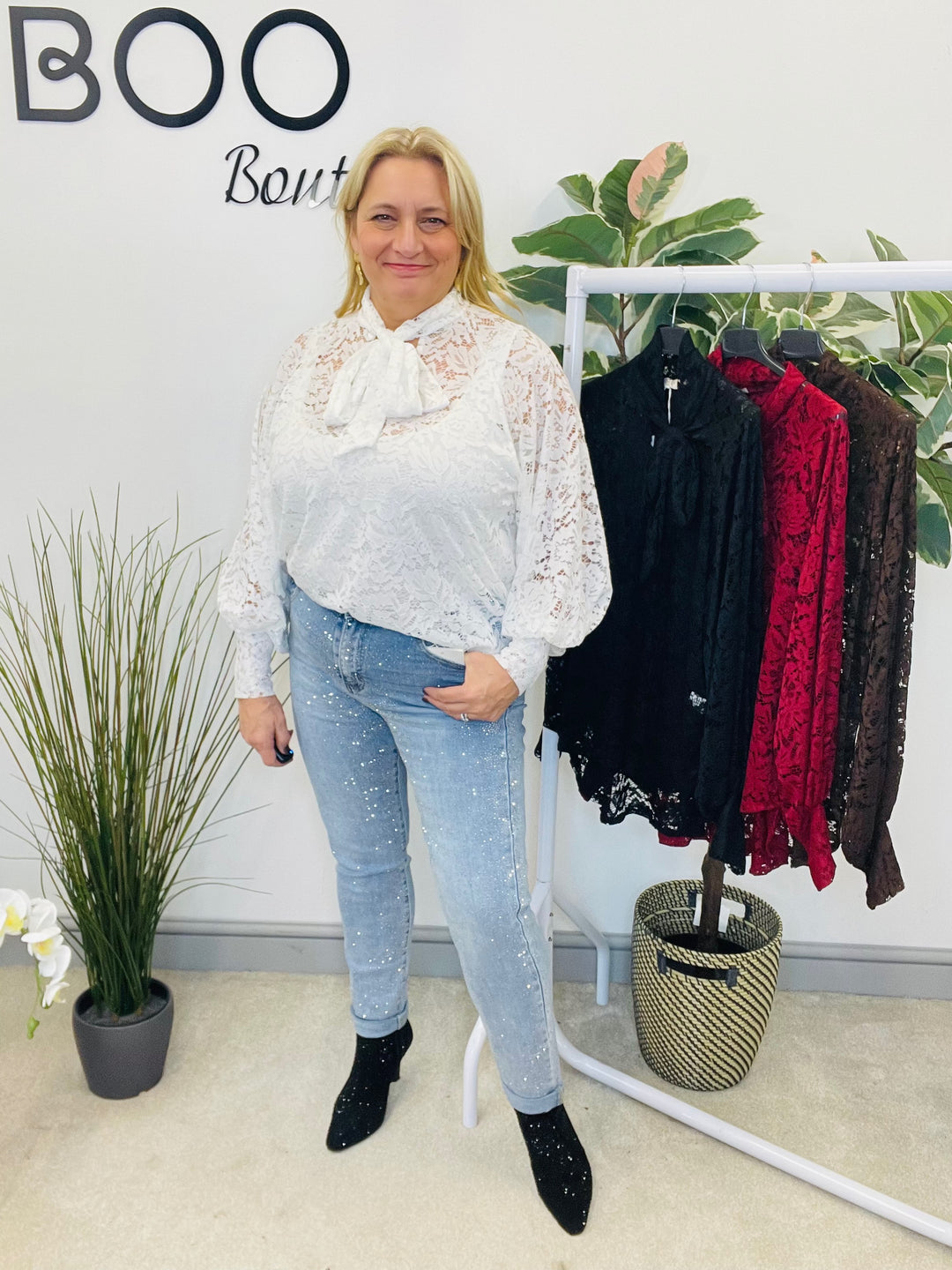 LADIES SHEER LACE BLOUSE SHIRT - WHITE, BLACK, BROWN & BERRY