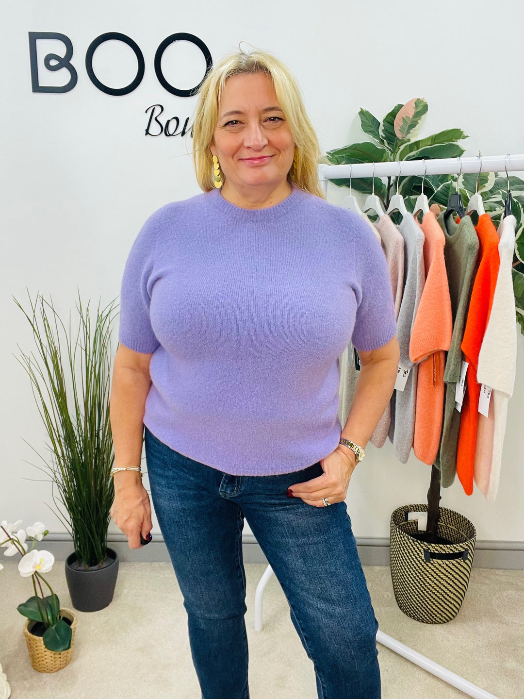 LADIES SOFT KNIT SHORT SLEEVE JUMPER LILAC PURPLE