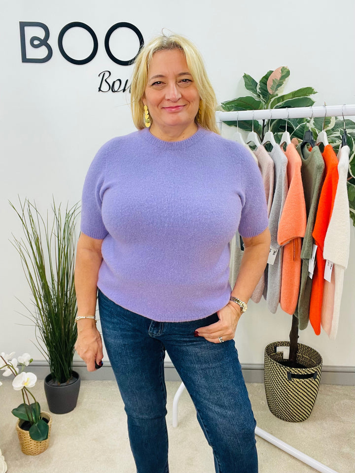 LADIES SOFT KNIT SHORT SLEEVE JUMPER LILAC PURPLE