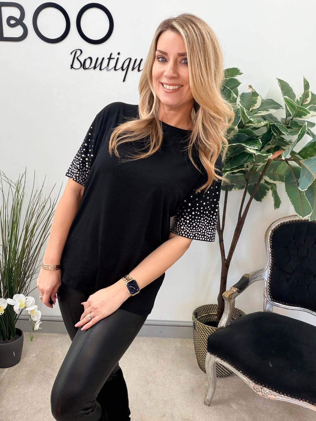 LADIES FASHION DIAMANTE T SHIRT - BLACK, WHITE & YELLOW