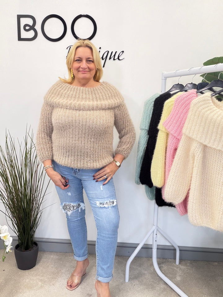 LADIES FLUFFY KNIT BARDOT JUMPER - MINT, BLACK, CREAM, PINK, LEMON & MOCHA