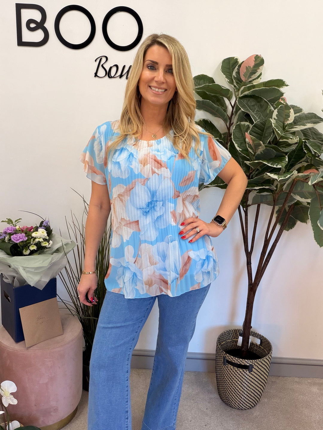 Ladies Fashion Floral Print Pleated Chiffon Blouse Top - pink, white, blue & lemon