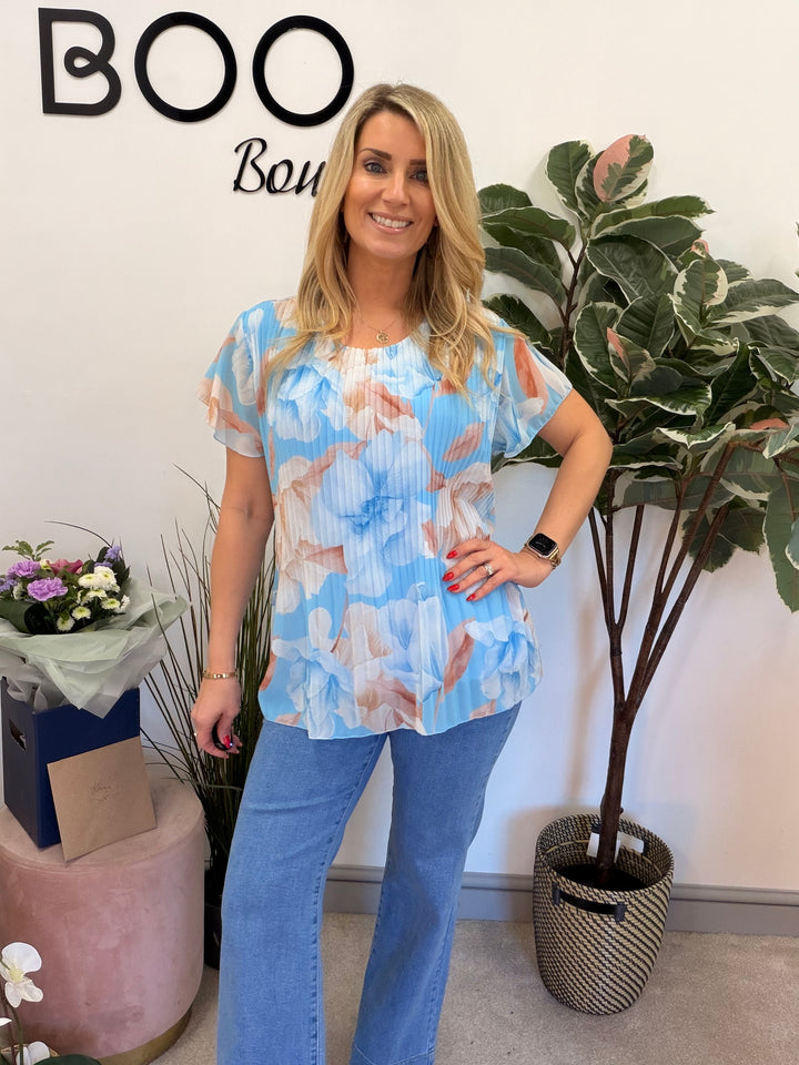 Ladies Fashion Floral Print Pleated Chiffon Blouse Top - pink, white, blue & lemon