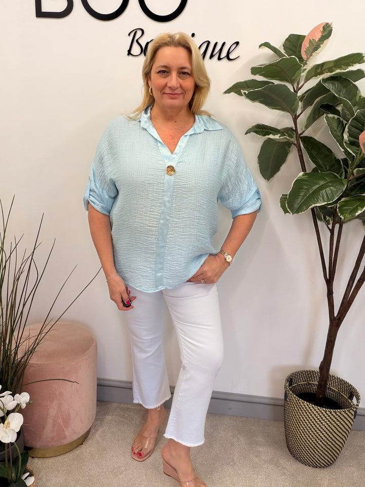 Ladies Fashion Grandad Style Top Blouse - Pink, Lemon, White & Blue