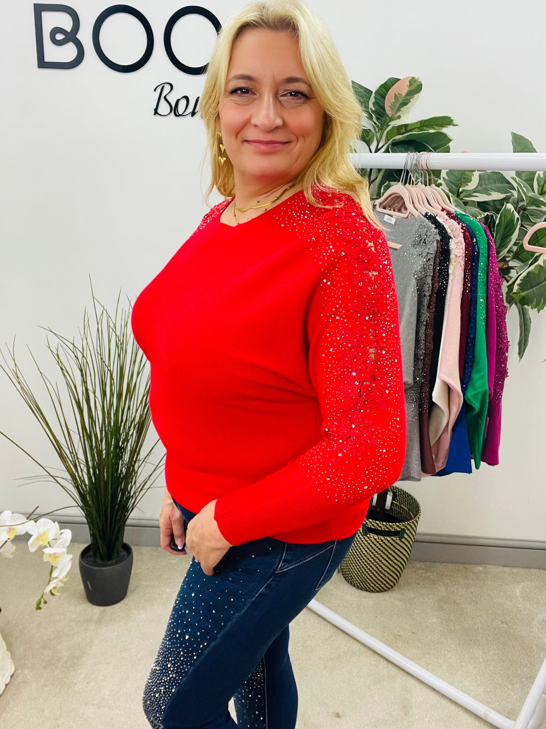 LADIES DIAMANTE SLEEVE BATWING JUMPER RED