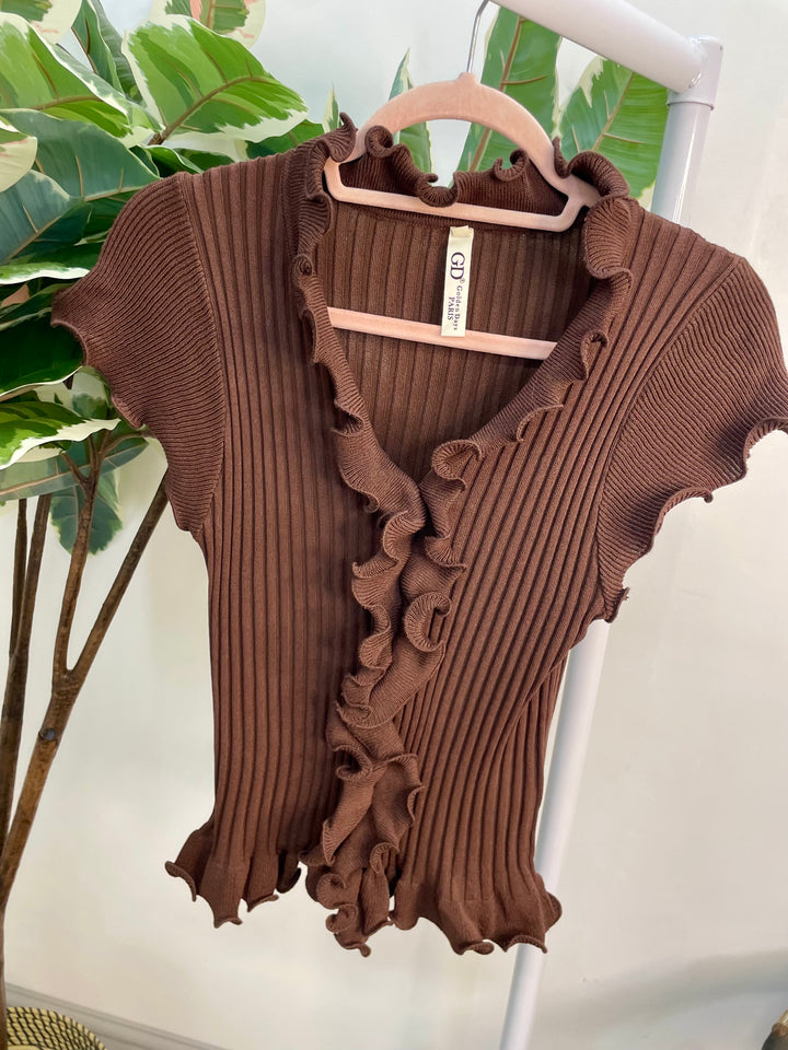 LADIES STRETCH RIB KNIT CAP SLEEVE TOP - BLACK & BROWN