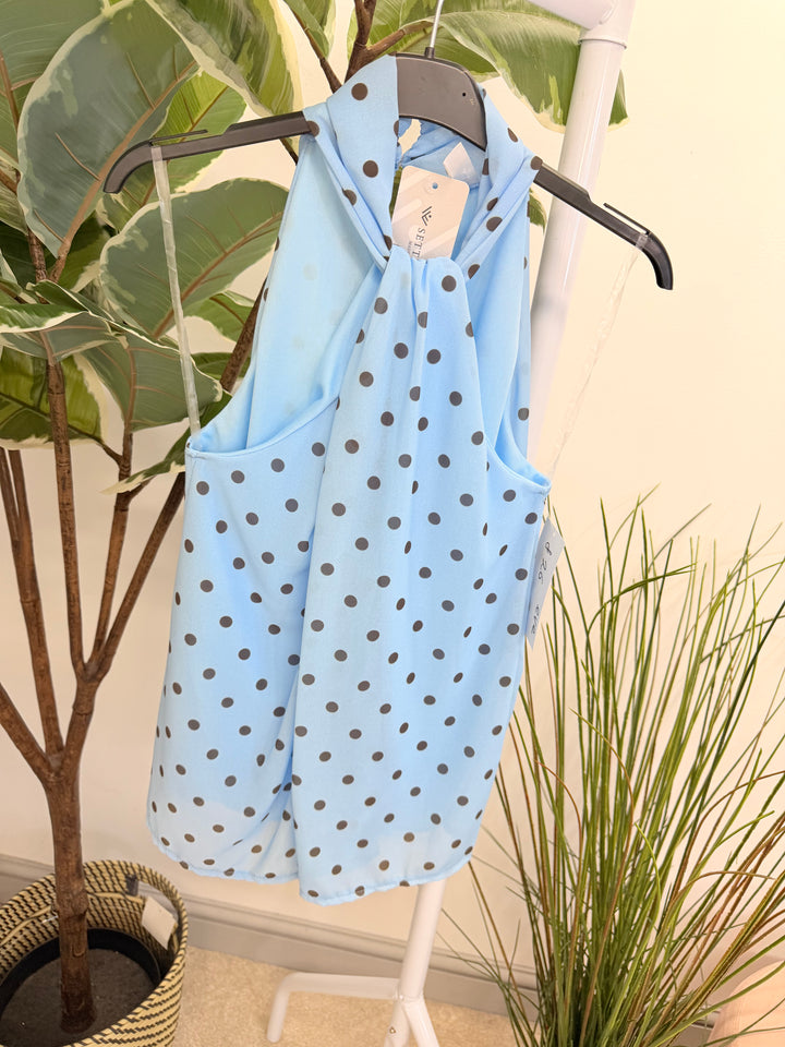 Ladies Fashion Polka Dot High Neck Top blue