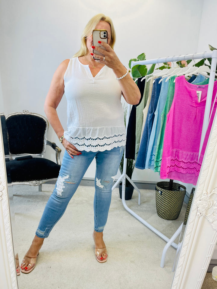 LADIES LACE PRETTY TOP IN BEIGE, TURQUOISE, PINK, WHITE, JADE, BLACK, BABY BLUE, KHAKI, DENIM BLUE