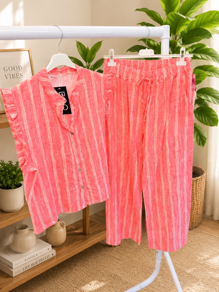 Ladies Stripe Trouser & Shirt Co Ord - Coral, Pink, Beige & Blue