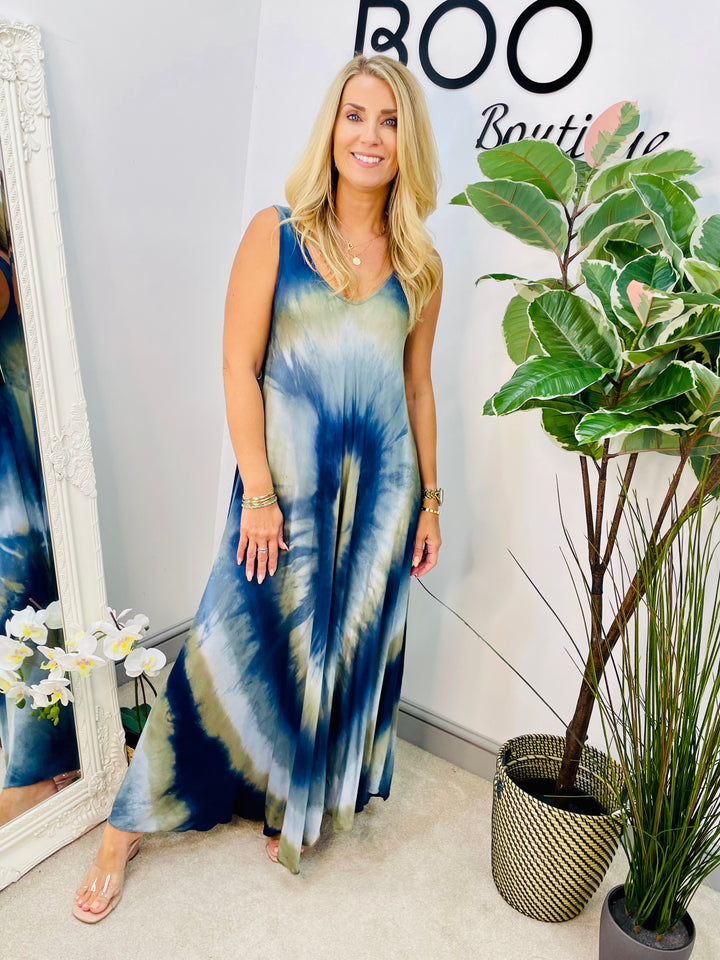 LADIES STUNNING TIE DYE SUMMER MAXI DRESS - NAVY, LIME & BROWN