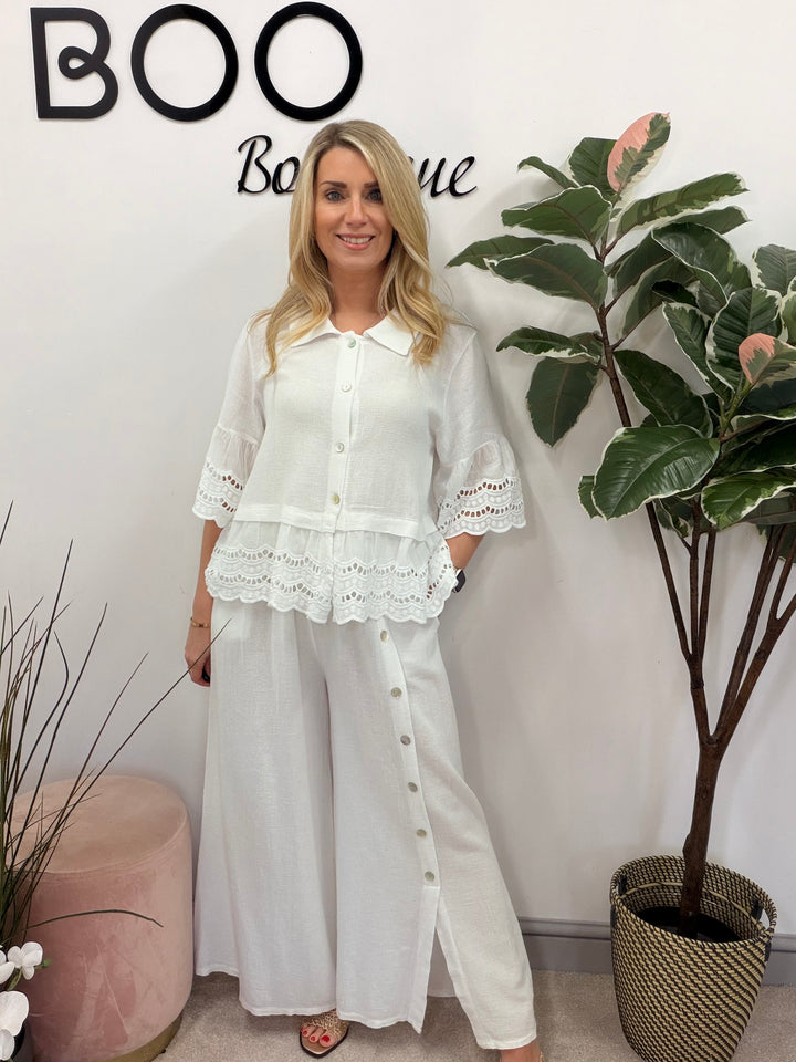 Ladies Fashion Wide Leg Palazzo Teabag Linen Trousers white