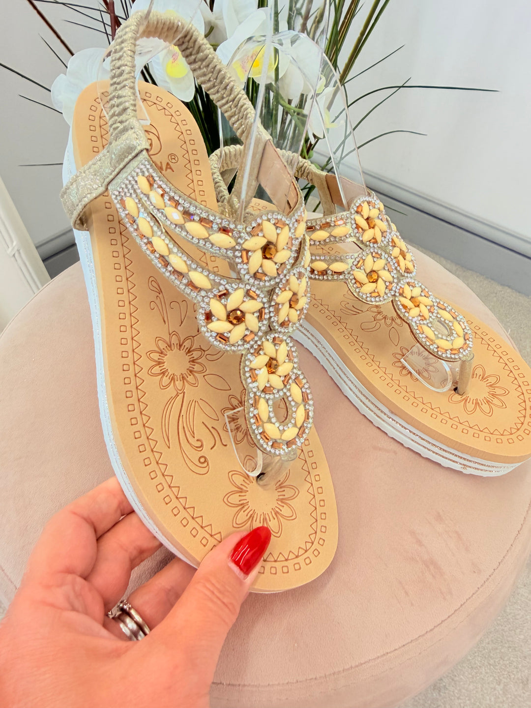 Ladies Fashion Gold Lemon Diamanté Toe Post Sandals 