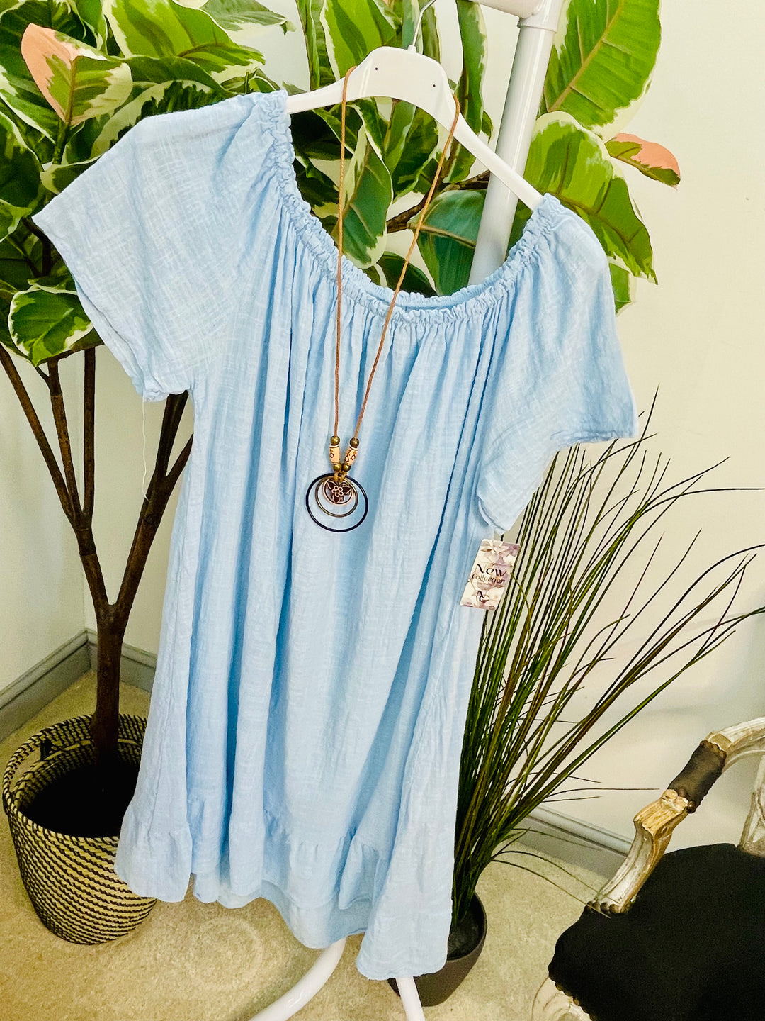 LADIES COTTON SUMMER BARDOT DRESS - BLACK, NAVY, PINK, LEMON, ORANGE, BLUE & LIME