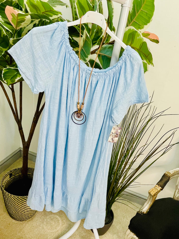 LADIES COTTON SUMMER BARDOT DRESS - BLACK, NAVY, PINK, LEMON, ORANGE, BLUE & LIME