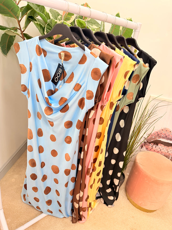 Ladies Satin Polka Dot Sheath Dress - Lemon, Black, Pink, Khaki, Navy, Black & Blue