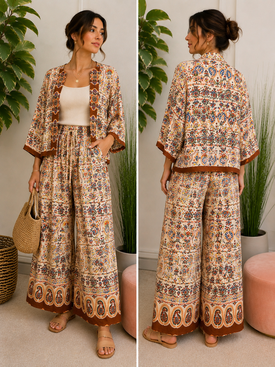 Ladies Moroccan Print Wide Leg Trouser Kimono Jacket Co Ord Set