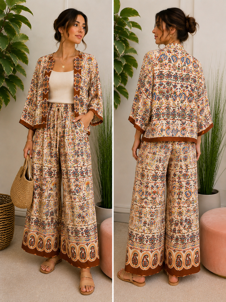 Ladies Moroccan Print Wide Leg Trouser Kimono Jacket Co Ord Set