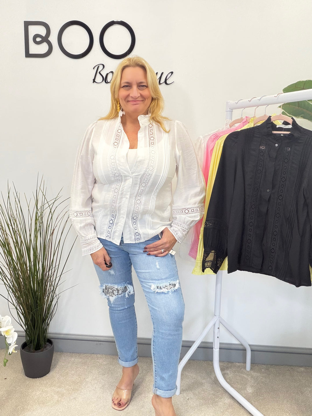 LADIES COTTON LACY BLOUSE SHIRT - WHITE, BLACK, YELLOW  & PINK