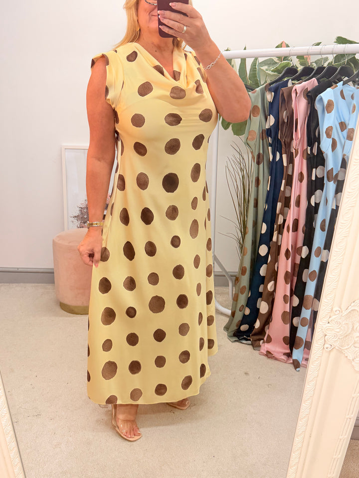 Ladies Satin Polka Dot Sheath Dress - Lemon, Black, Pink, Khaki, Navy, Black & Blue