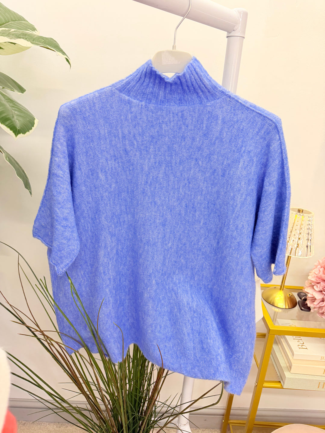 Ladies Fashion High Neck Soft Knit Short Sleeve Jumper cornflower blue