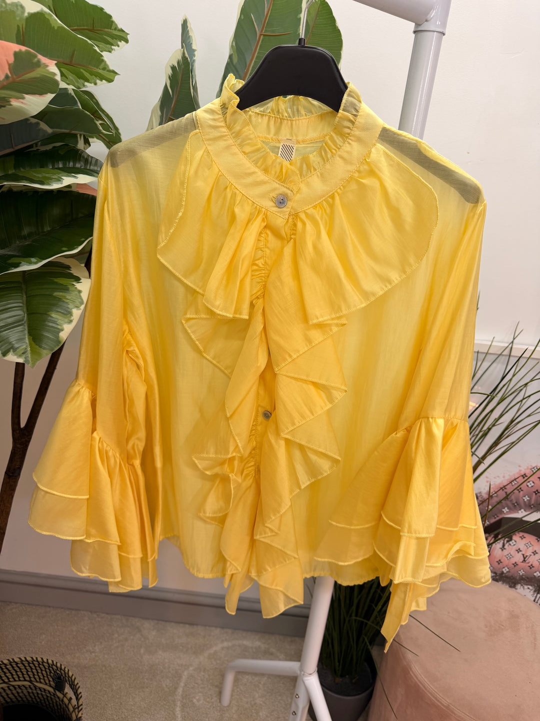 Ladies Fashion Sheer Ruffle Front Blouse Top - white, pink, blue, sage, lemon