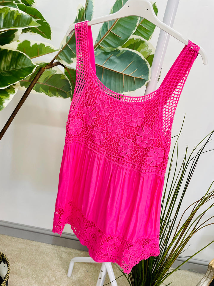 LADIES CROCHET & LACE SUMMER CAMI TOP - WHITE, LEMON, BLUE, PINK, KHAKI, BLACK