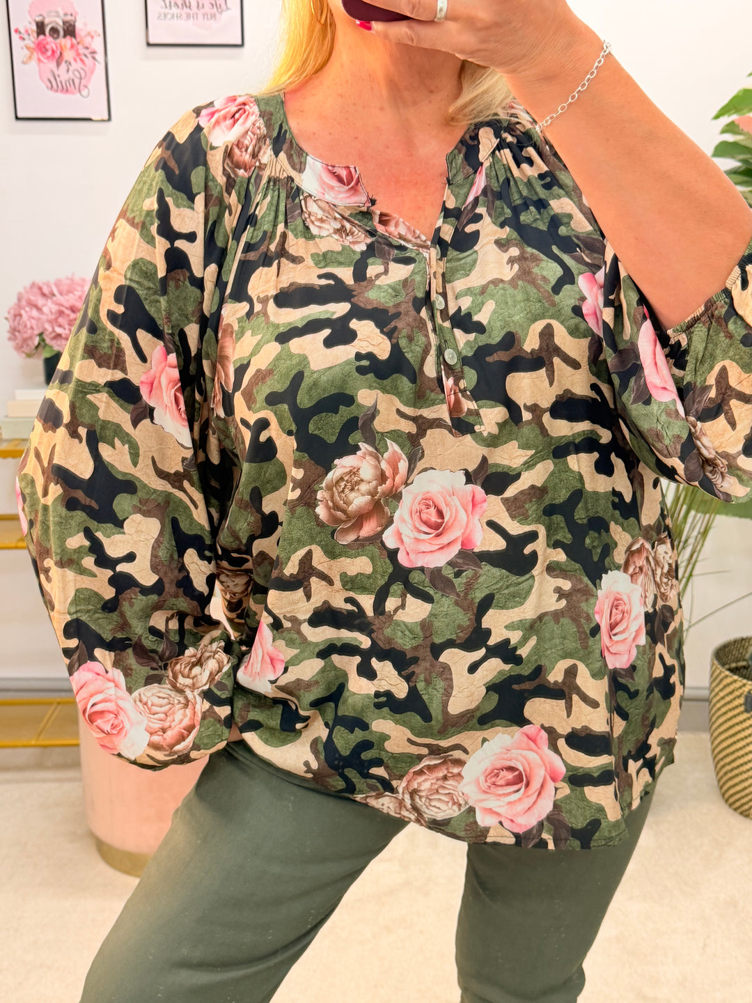 Ladies Fashion Loose Fit Camouflage Top Blouse - Khaki & Black