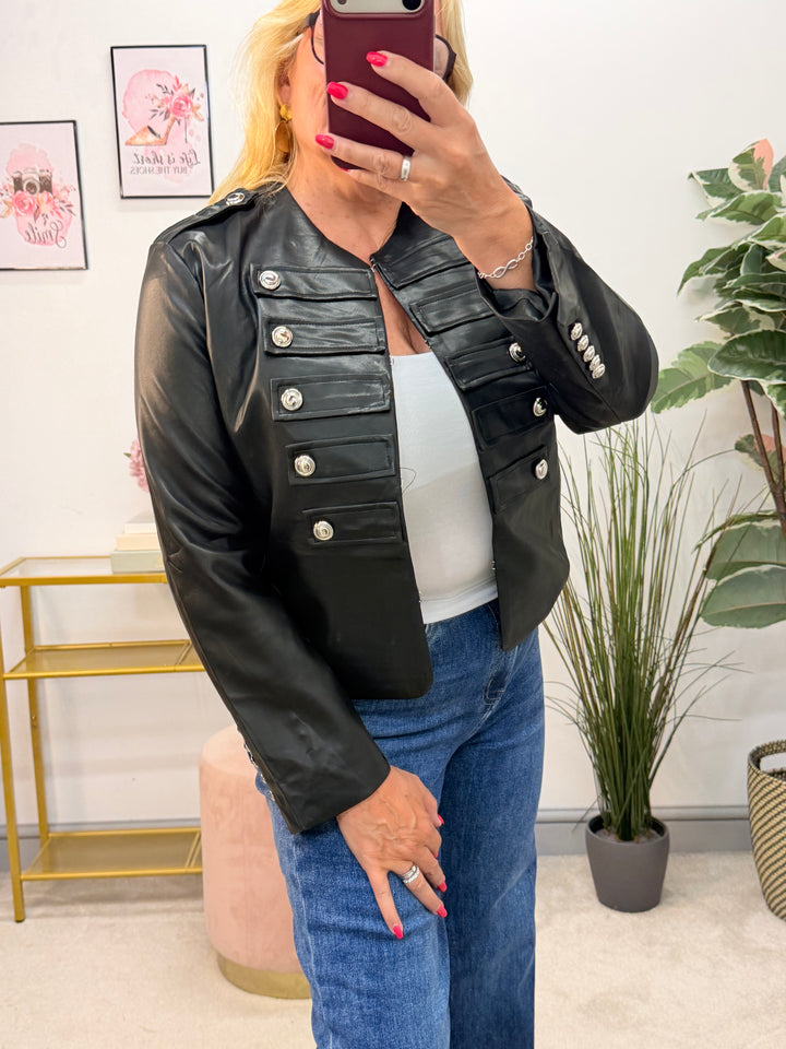 Ladies Fashion Faux Leather Military Jacket - Black & Brown