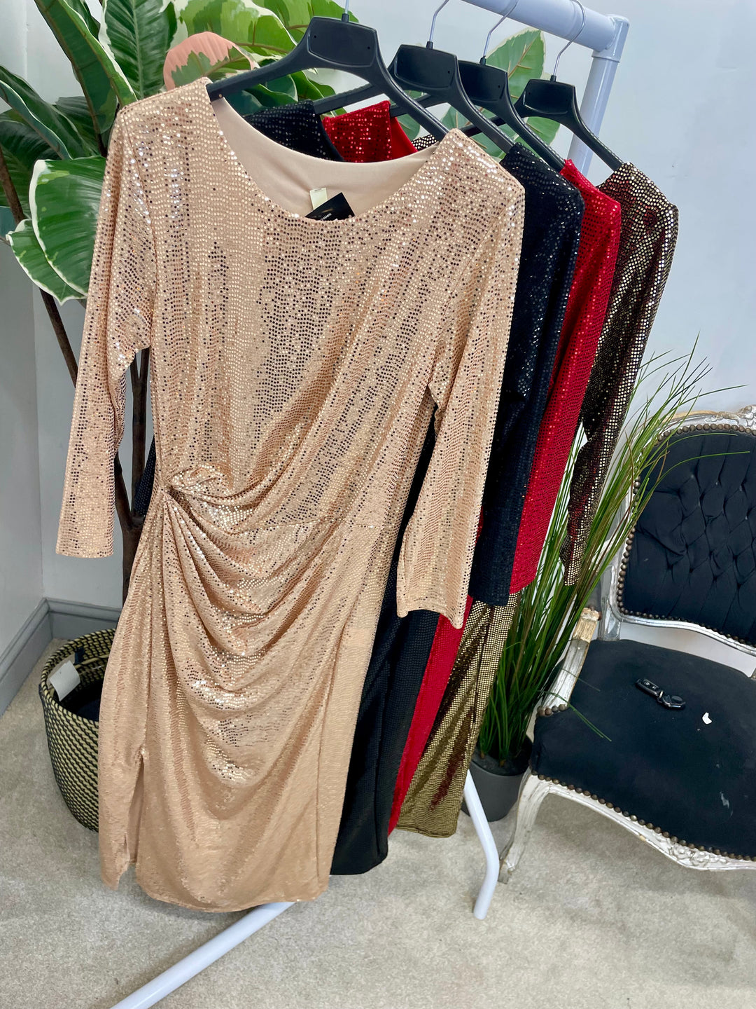 LADIES SEQUIN SEXY RUCHE SIDE PARTY DRESS - RED, BLACK, CHAMPAGNE & GOLD