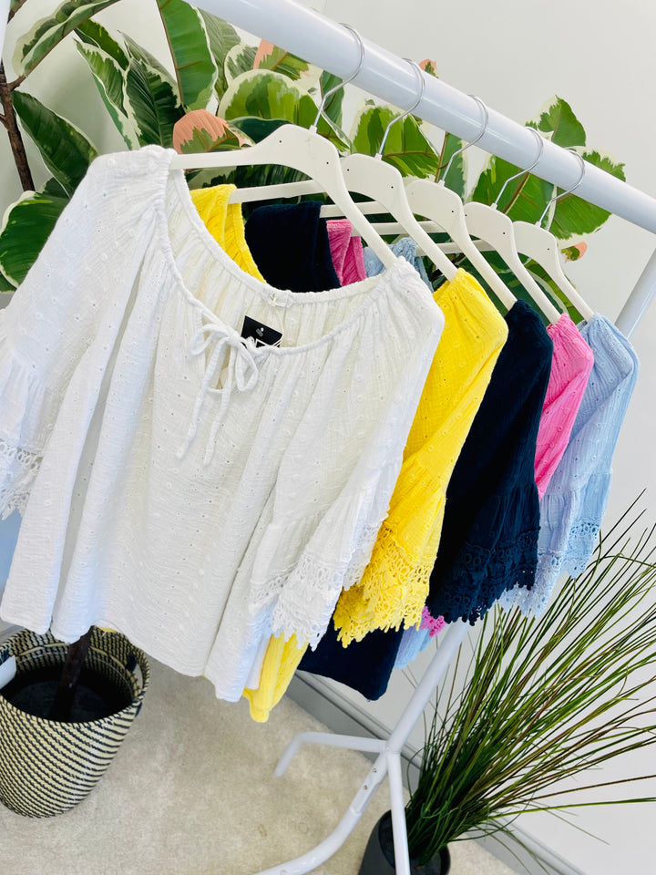 LADIES BRODERIE ANGLAISE BARDOT SUMMER TOP - PINK, WHITE, BLUE, NAVY, YELLOW