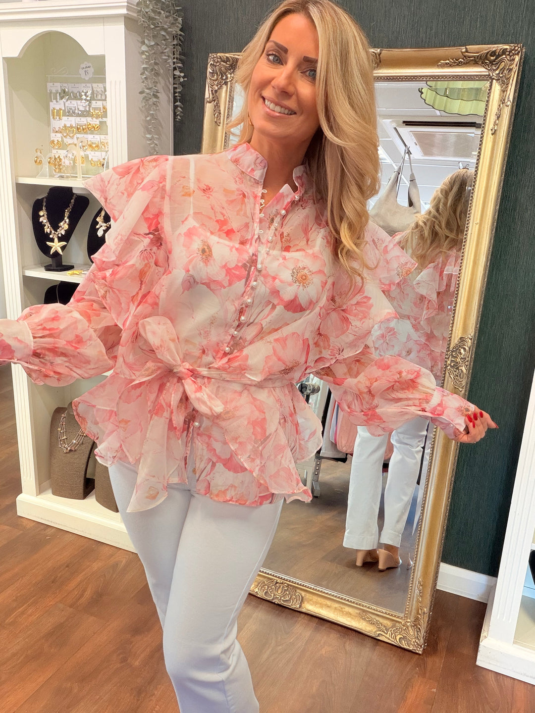 Ladies Sheer Pink Frill Blouse Top