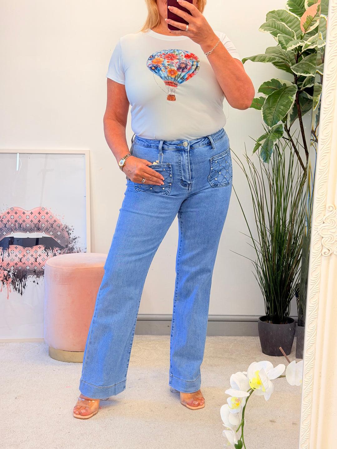 Ladies White Stretch Sparkly Balloon Tee T Shirt