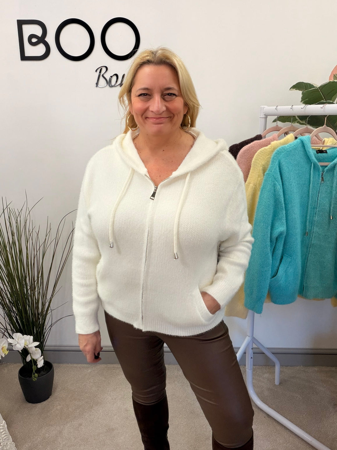 LADIES SOFT FLUFFY HOODY CARDIGAN - LEMON, AQUA, BROWN, PINK, WHITE