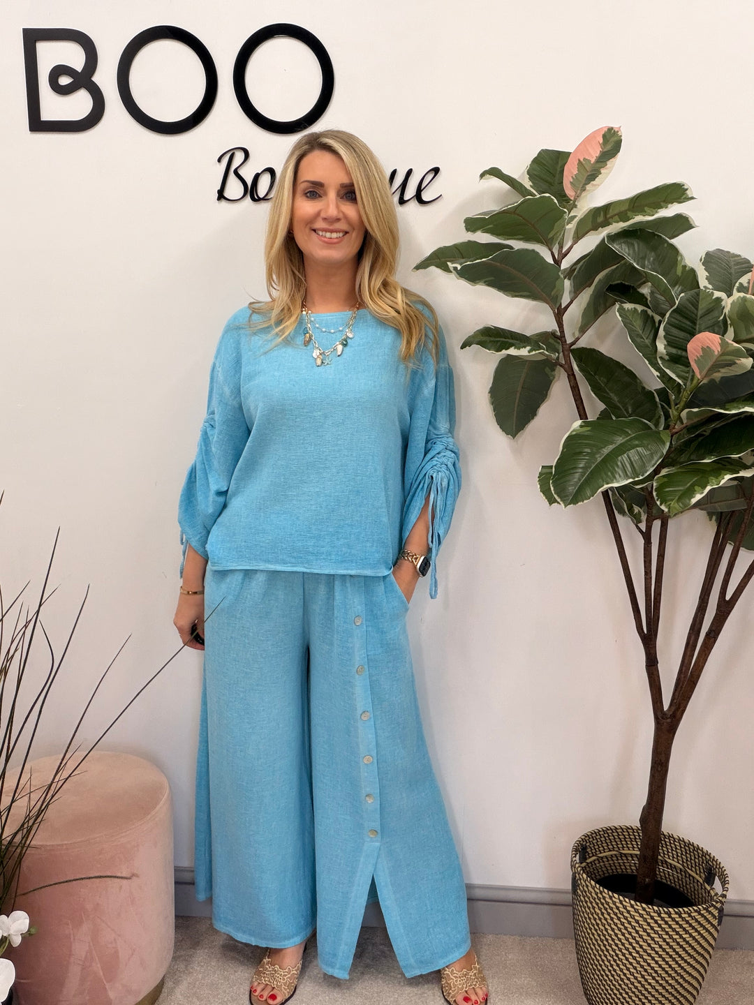 Ladies Fashion Ruche Sleeve Teabag Linen Top turquoise